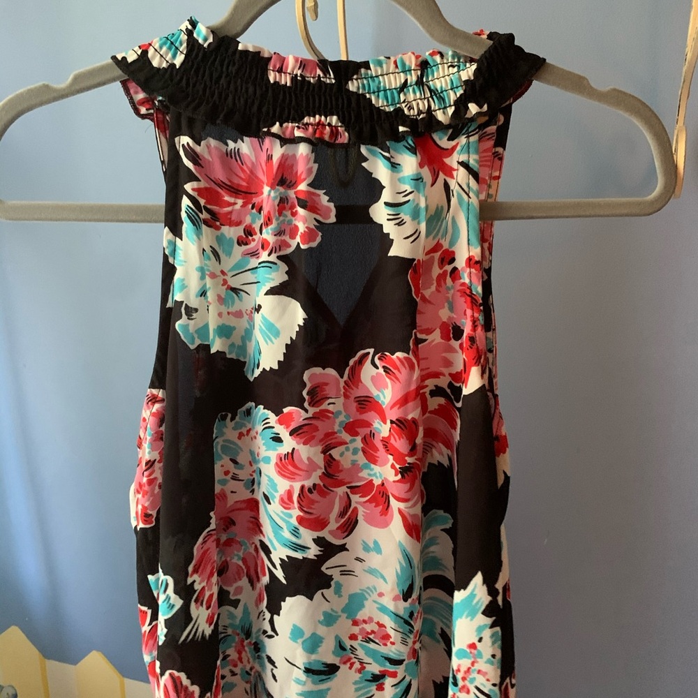 black tank top with blue and pink flowers
